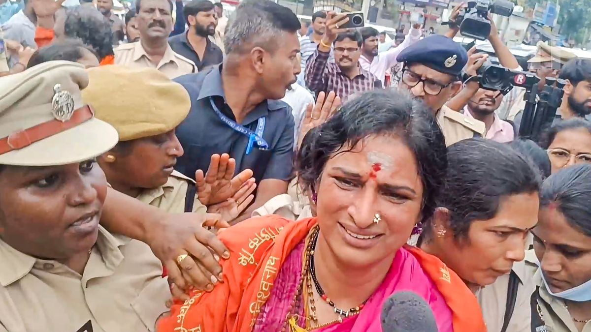 BJP leader Madhavi Latha being detained during a protest, in Hyderabad, Monday, October 14, 2024 | PTI