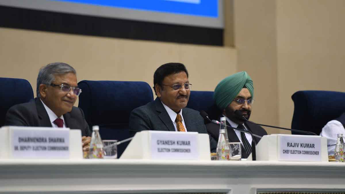 Chief Election Commissioner Rajiv Kumar with Election Commissioners Gyanesh Kumar and Sukhbir Singh Sandhu during a press conference | Kritajna Naik