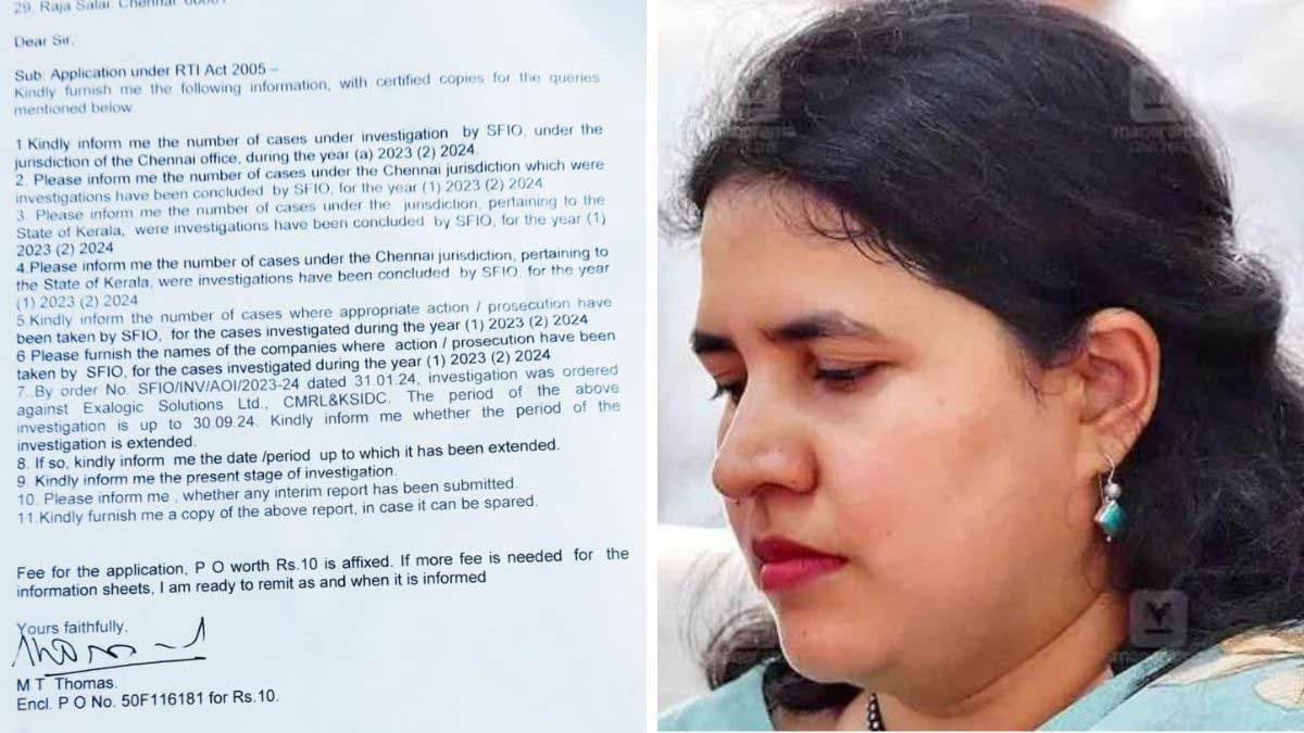 A query filed under the RTI Act regarding an extension granted for its investigation into alleged illegal financial transactions between Exalogic and the mining company CMRL. (Right) Veena Vijayan