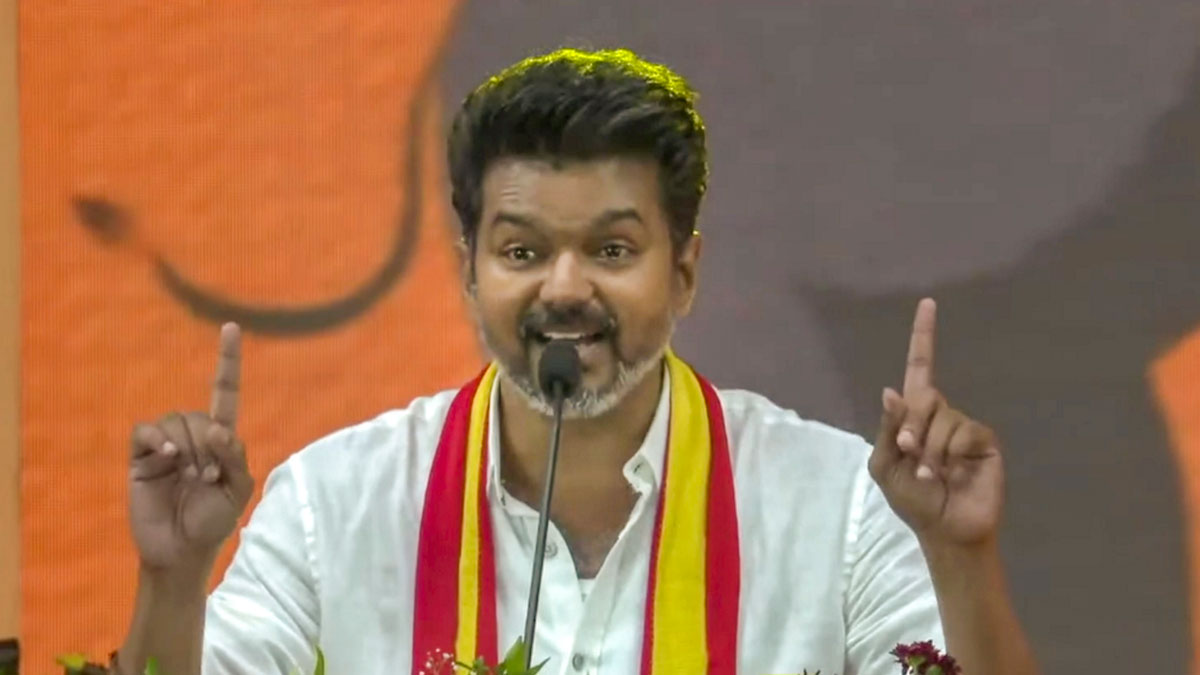 Actor and founder of Tamilaga Vetri Kazhagam Vijay addresses during his pary's first political conference, at Vikravandi in Villupuram | PTI