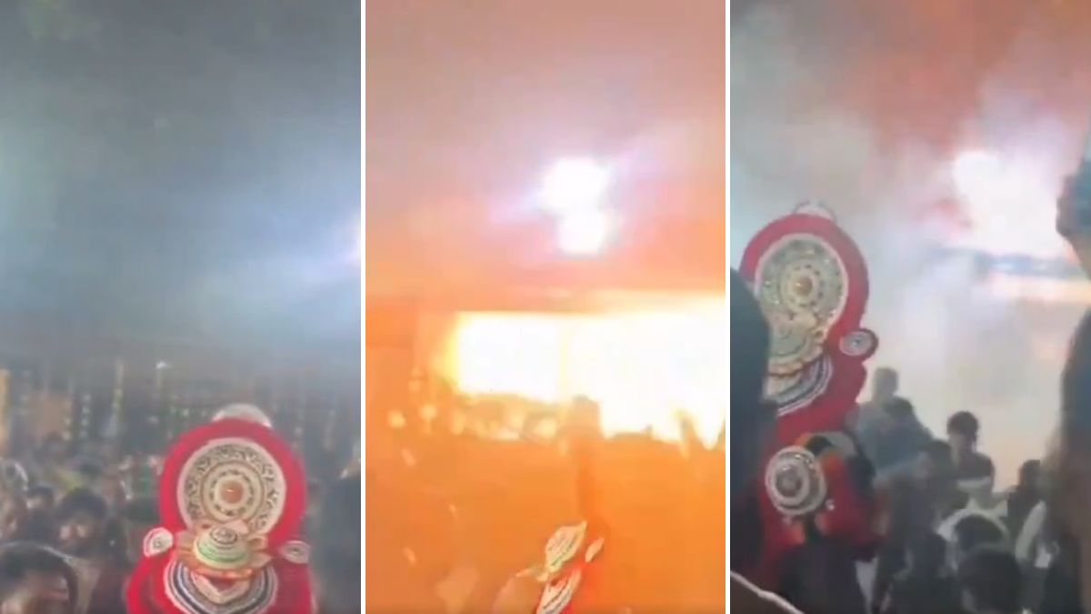 The moments before and after the fireworks at Anjootambalam Veererkavu Temple near Neeleshwaram in Kasaragod district | X