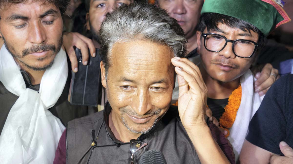 Climate activist Sonam Wangchuk speaks to the media after he and other Ladakhis were brought to Rajghat on Gandhi Jayanti, in New Delhi | PTI