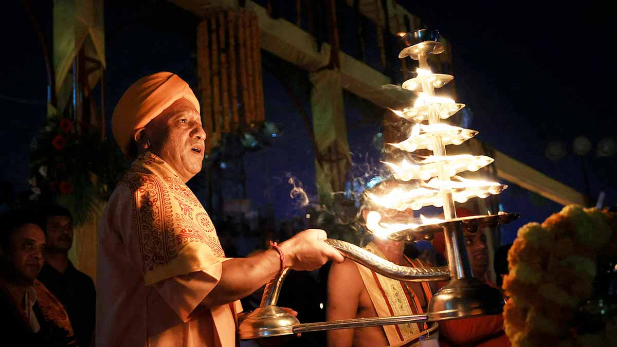 Uttar Pradesh Chief Minister Yogi Adityanath performs aarti on the banks of the Saryu river | PTI