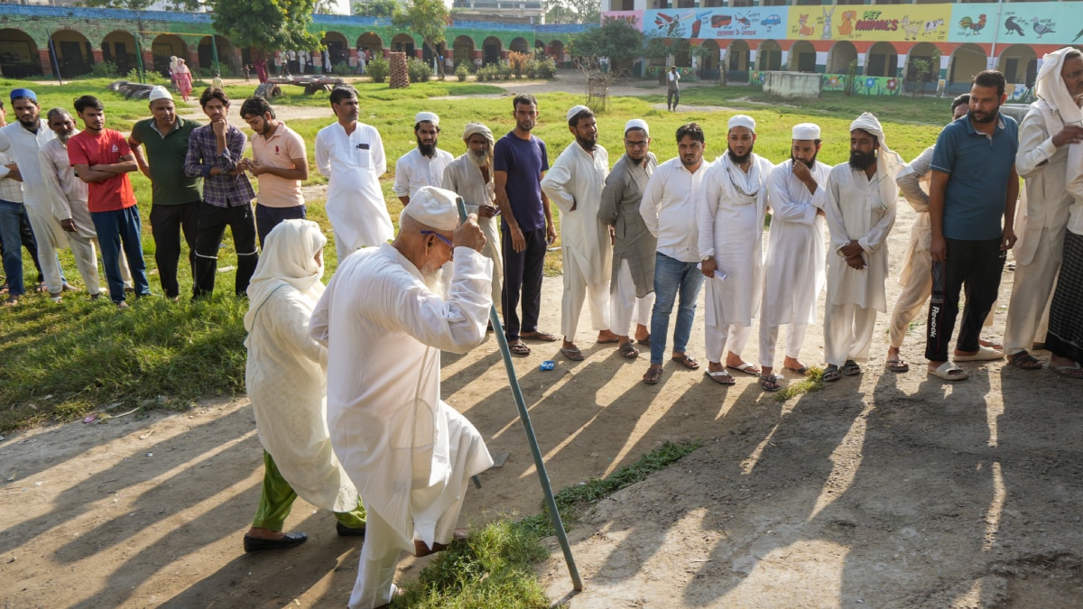Elderly voters walk past a queue at a polling station at Ghasera village  in Nuh during the Haryana Assembly elections | PTI

