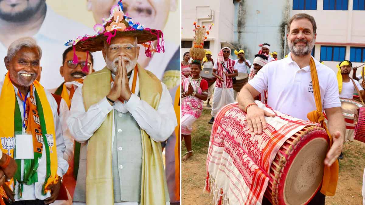 (L) Prime Minister Narendra Modi during 'Vijay Sankalp Sabha' in Chaibasa; (R) Congress leader Rahul Gandhi during a public meeting in Lohardaga | PTI