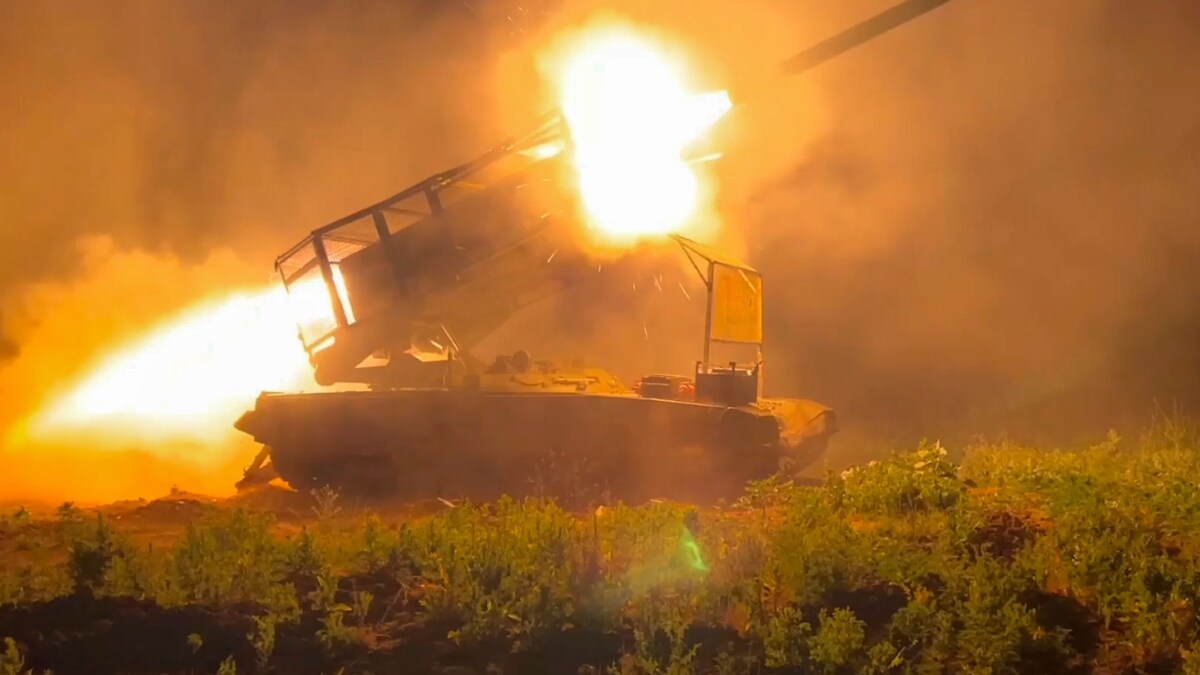 The Russian army's multiple rocket launcher Solntsepyok fires towards Ukrainian positions in the border area of Kursk regio | AP 