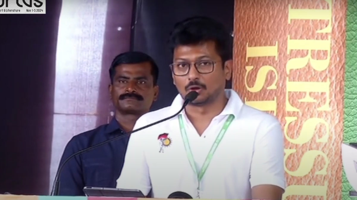 Tamil Nadu Deputy Chief Minister and DMK leader Udhayanidhi Stalin addresses a gathering during 'Horthus Art and Literary Festival' organized by Malayala Manorama, at Kozhikode.