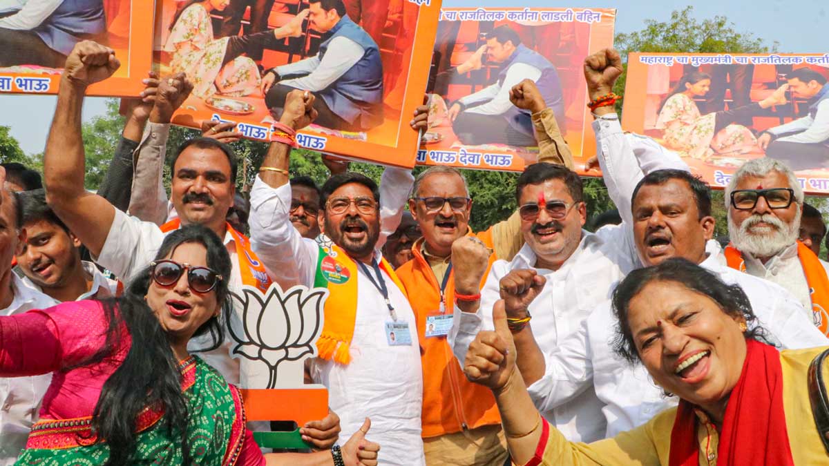 BJP workers celebrate party's lead in Maharashtra assembly elections, in Nagpur | PTI