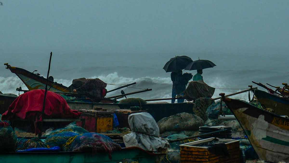 Fishing boats anchored amidst the forecast of heavy rains at Marina beach in Chennai | PTI