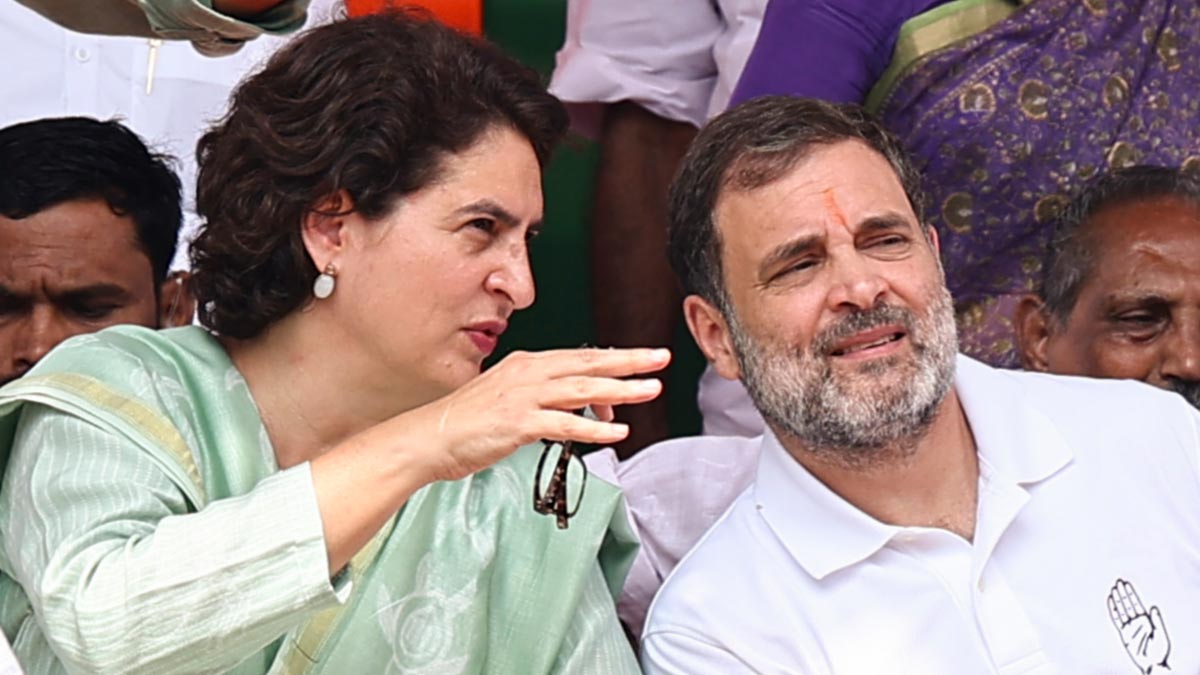 Congress leader Rahul Gandhi and his sister and party's Wayanad candidate Priyanka Gandhi during a public meeting, at Mananthavady in the districts | PTI