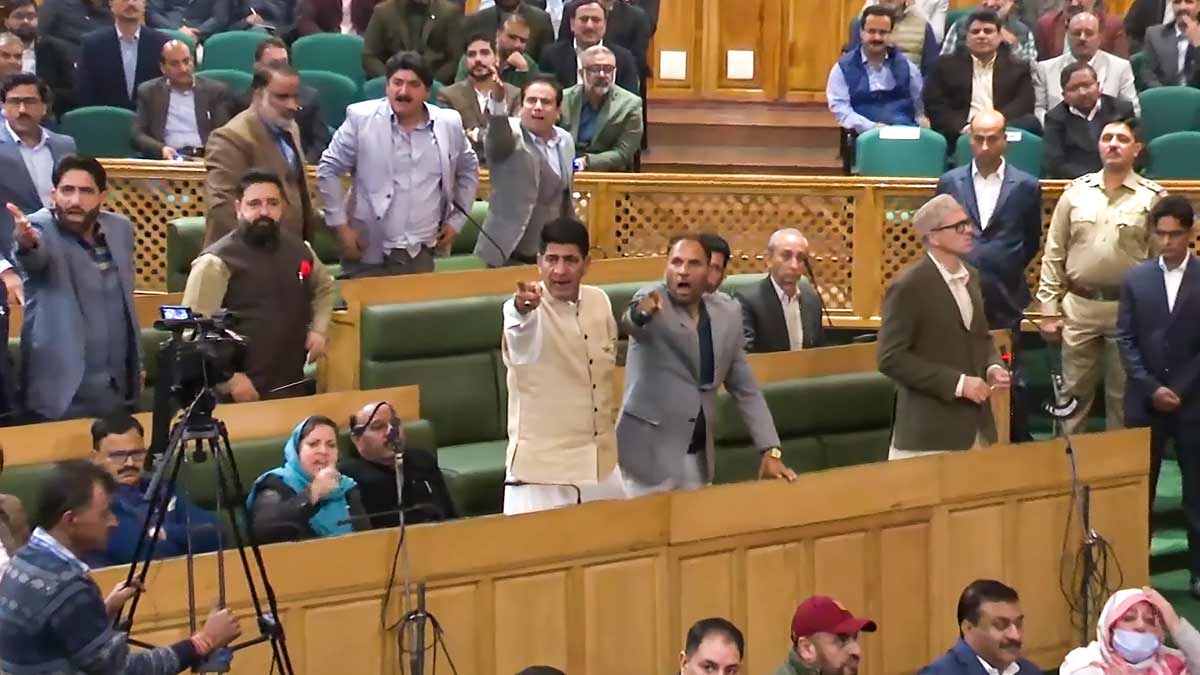 Jammu and Kashmir Chief Minister Omar Abdullah and others during ruckus erupted in assembly after PDP MLA Waheed Para introduced a resolution opposing the abrogation of Article 370 | PTI