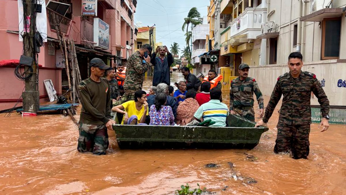 Puducherry: Indian Army personnel rescue people from a flooded area in the aftermath of landfall of Cyclone Fengal, in Puducherry, Sunday, Dec. 1, 2024. (PTI Photo)(PTI12_01_2024_000014B)