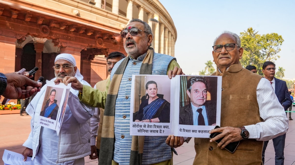 Union Minister Giriraj Singh stage a protest over Congress leader Sonia Gandhi's alleged links with an organisation funded by the George Soros Foundation during the Winter session of Parliament | PTI 