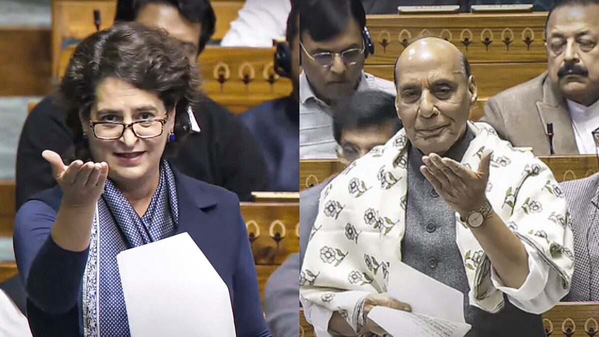 Congress MP Priyanka Gandhi Vadra speaks in the Lok Sabha during a discussion on 75th anniversary of the adoption of the Indian Constitution at the Winter session of Parliament. (Right) Defence Minister Rajnath Singh during the debate | PTI 