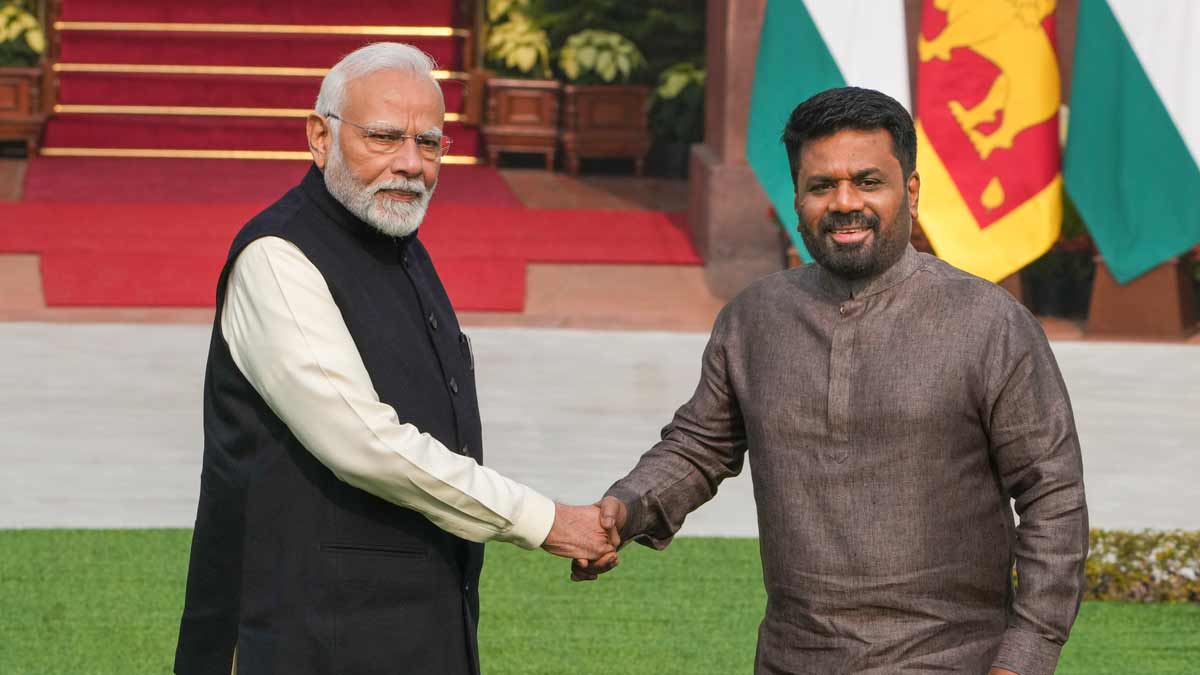 Prime Minister Narendra Modi and Sri Lankan President Anura Kumara Dissanayake shake hands prior to their meeting at the Hyderabad House | PTI