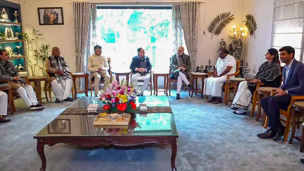 BJP national president J.P. Nadda with Union Home Minister Amit Shah and other NDA leaders at a key meeting of the alliance | PTI