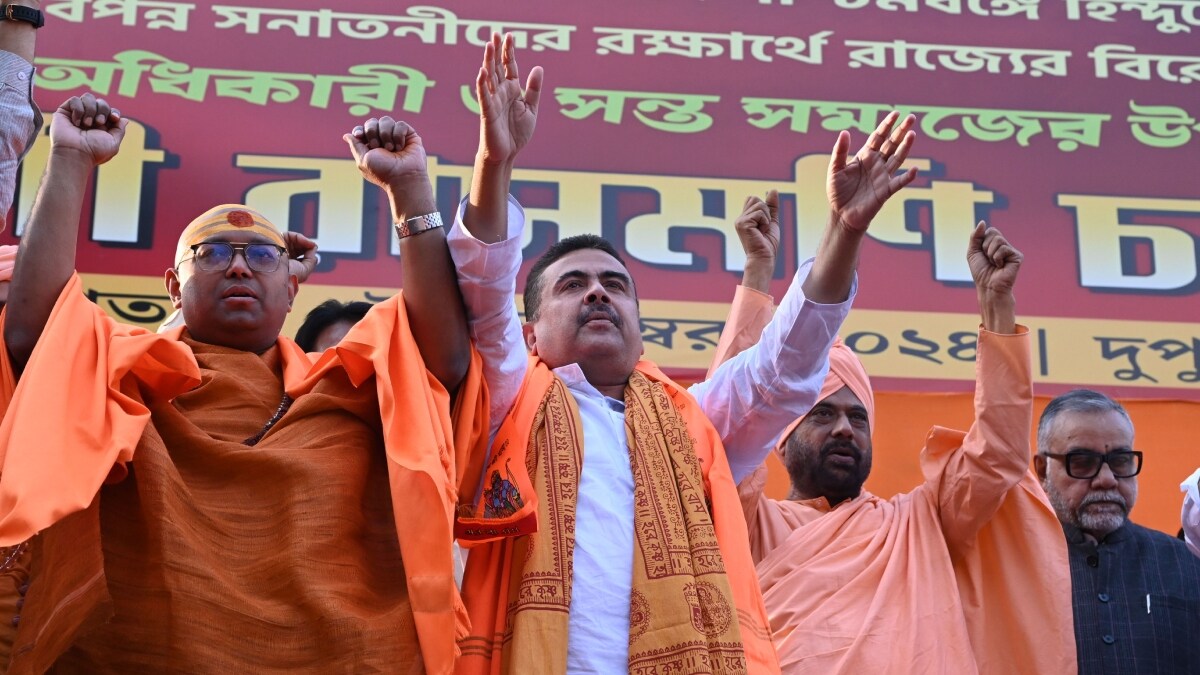West Bengal LOP Suvendu Adhikari at a protest rally organised by the Hindu Sant Samaj in Kolkata to protest against brutal attack on Hindus in Bangladesh | Salil Bera
