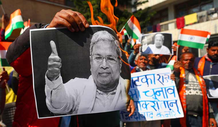 Members of Shiv Sena Dogra Front during a protest against the alleged slogans of 'Pakistan Zindabad' in celebrations in Karnataka after Congress leader Nasser Hussain won his Rajya Sabha seat, in Jammu | PTI