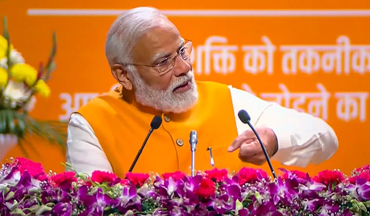 **EDS: SCREENSHOT VIA PMINDIA WEBSITE** New Delhi: Prime Minister Narendra Modi participates in the 'Sashakt Nari - Viksit Bharat' programme, in New Delhi, Monday, March 11, 2024. (PTI Photo) (PTI03_11_2024_000039B)