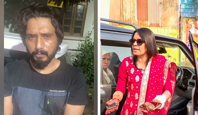 Kala Jathedi. (Right) Anuradha Choudhary alias 'Madam Minz' arrives for her wedding with gangster Sandeep alias Kala Jathedi | PTI