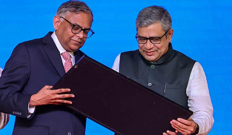 Union Railways Minister Ashwini Vaishnaw and Tata Sons Chairman N Chandrasekaran during foundation stone laying of Tata-Powerchip Semiconductor Manufacturing Corp chip fabrication unit, in Dholera, Gujarat | PTI