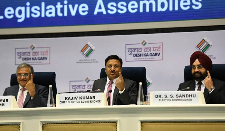 Chief Election Commissioner Rajiv Kumar with Election Commissioners Gyanesh Kumar and S.S. Sandhu during a press conference in Delhi | Sanjay Ahlawat