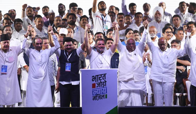 Rahul Gandhi along with other INDIA bloc leaders during a mega rally at Mumbai's Shivaji Park | Amey Mansabdar