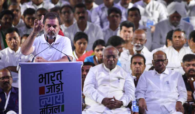 Congress leader Rahul Gandhi speaks at a rally in Mumbai on Sunday | Amey Mansabdar