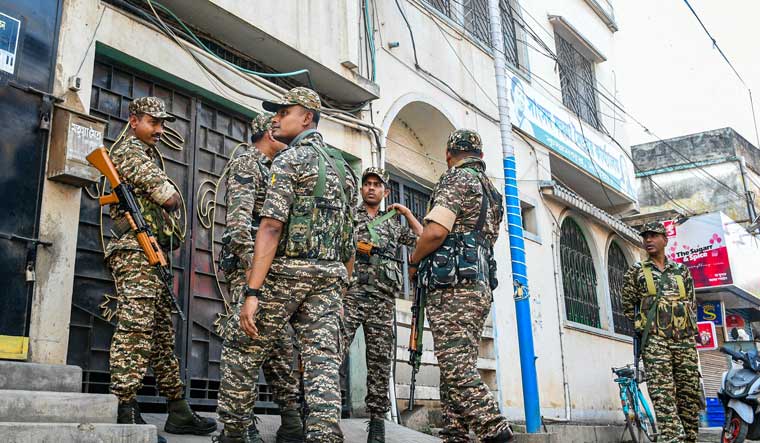 Security personnel guard as CBI conducts searches at office of Mahua Moitra at Krishnanagar | PTI