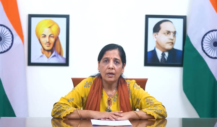 **EDS: VIDEO GRAB VIA @AamAadmiParty** New Delhi: Sunita Kejriwal, wife of Delhi Chief Minister and AAP Convenor Arvind Kejriwal, delivers his message via a video conference, in New Delhi, Saturday, March 23, 2024. (PTI Photo)