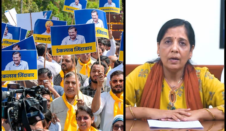 [Left] AAP workers and supporters at Shaheedi Park during a protest over the arrest of Delhi Chief Minister Arvind Kejriwal; [Right] Sunita Kejriwal, wife of Delhi CM and AAP Convenor Arvind Kejriwal, delivers his message via a video conference | PTI