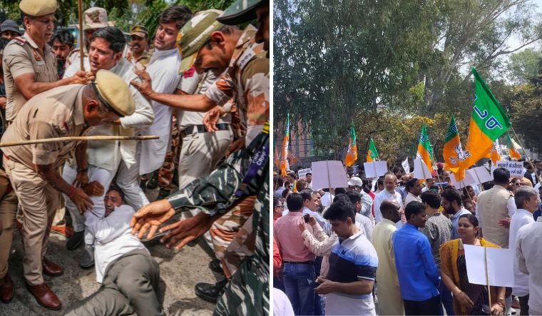 The protest march taken out by AAP workers against Kejriwal's arrest in Delhi. (Right) BJP workers taking out march seeking the resignation of Kejriwal | Kritajna Naik