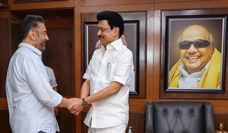 Tamil Nadu Chief Minister M.K. Stalin and Makkal Needhi Maiam (MNM) leader Kamal Haasan during a meeting in Chennai | PTI