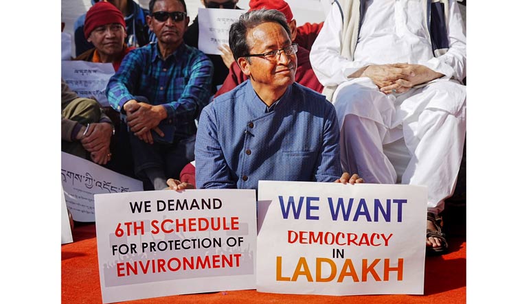 (File) Sonam Wangchuk takes part in a sit-in protest with other protesters from Ladakh, at Jantar Mantar in New Delhi | PTI