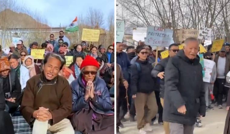 (Left) Sonam Wangchuk with protesters; a march by agitators in Ladakh | via X