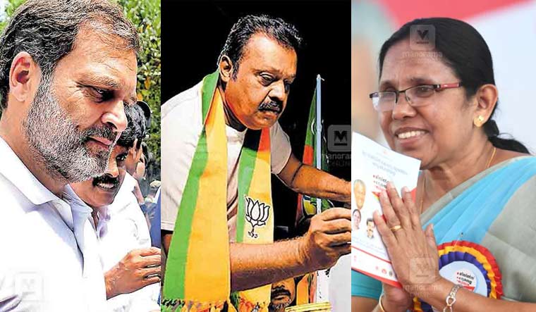 Congress's Wayanad canddiate Rahul Gandhi; BJP's Thrissur nominee Suresh Gopi, and CPI(M) candidate in Vadakara K.K. Shailaja