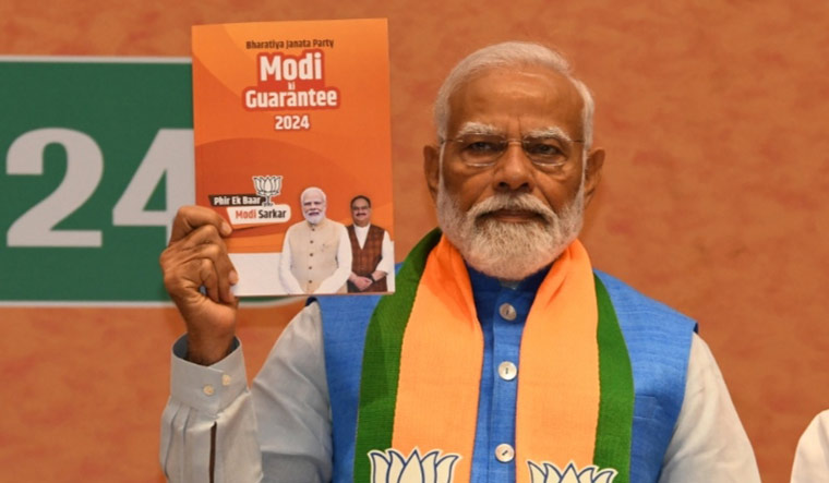 Prime Minister Narendra Modi during the launch of BJP's poll manifesto at party headquarters in Delhi | Sanjay Ahlawat 