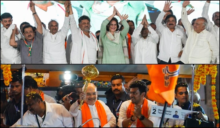 Top: Congress leader Priyanka Gandhi and KPCC President DK Shivakumar during an election campaign rally in Bengaluru South; Below:Union Home Minister Amit Shah with BJP's Bengaluru South candidate Tejasvi Surya (PTI)