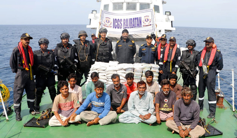 Drugs worth Rs 600 crore seized from Pakistani boat off Gujarat coast; 14 crew members held Drugs worth Rs 600 crore seized from Pakistani boat off Gujarat coast; 14 crew members held