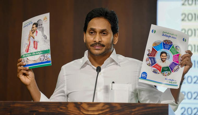 Andhra Pradesh Chief Minister and YSR Congress Party chief Y.S. Jagan Mohan Reddy releases the party manifesto for the Lok Sabha elections at Tadepalli | PTI