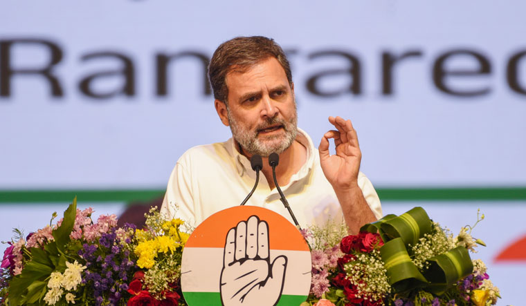 Congress leader Rahul Gandhi addresses the gathering during the release of the party's manifesto Nyay Patra at a public meeting in Hyderabad | PTI