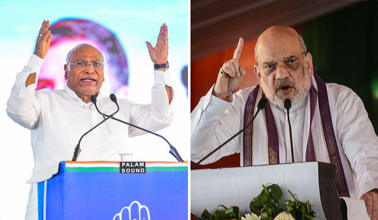 Congress President Mallikarjun Kharge. (Right) Union Home Minister Amit Shah | PTI
