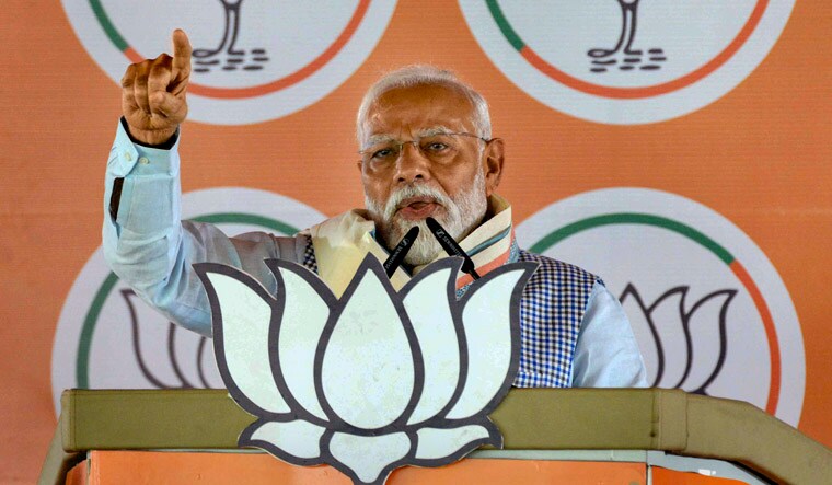 Nawada: Prime Minister Narendra Modi addresses a gathering during  a public meeting ahead of the Lok Sabha elections, in Nawada, Sunday, April 7, 2024. (PTI Photo) (PTI04_07_2024_000044A)