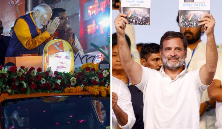 Prime Minister Narendra Modi greets supporters during a road show in Madhya Pradesh's Jabalpur. (Right) Rahul Gandhi during a poll campaign | PTI