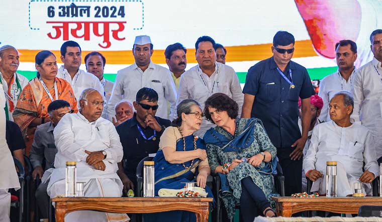 Congress President Mallikarjun Kharge with party leaders Sonia Gandhi, Priyanka Gandhi and Ashok Gehlot during a public meeting in Jaipur on April 6 | PTI