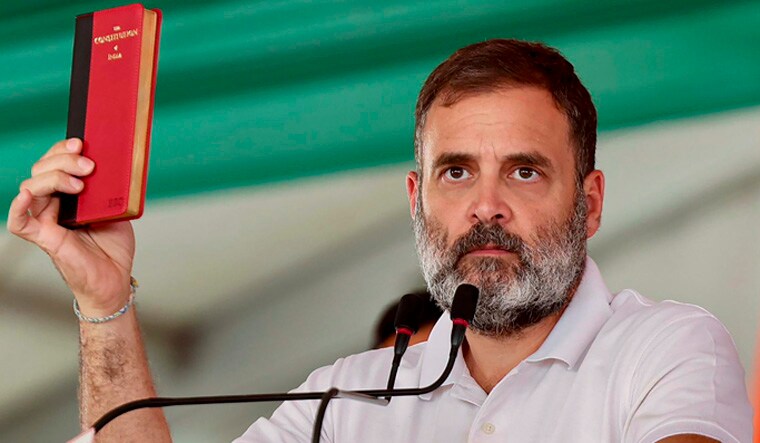 **EDS: IMAGE VIA @INCIndia POSTED ON TUESDAY, APRIL 30, 2024** Bhind: Congress leader Rahul Gandhi addresses a public meeting for Lok Sabha elections, in Bhind, Madhya Pradesh. (PTI Photo)(PTI04_30_2024_000282A)