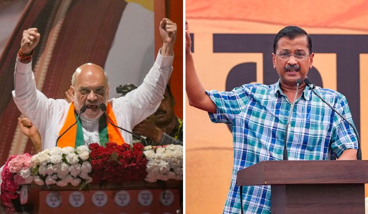 Home Minister and BJP leader Amit Shah. (Right) AAP convenor Arvind Kejriwal | PTI