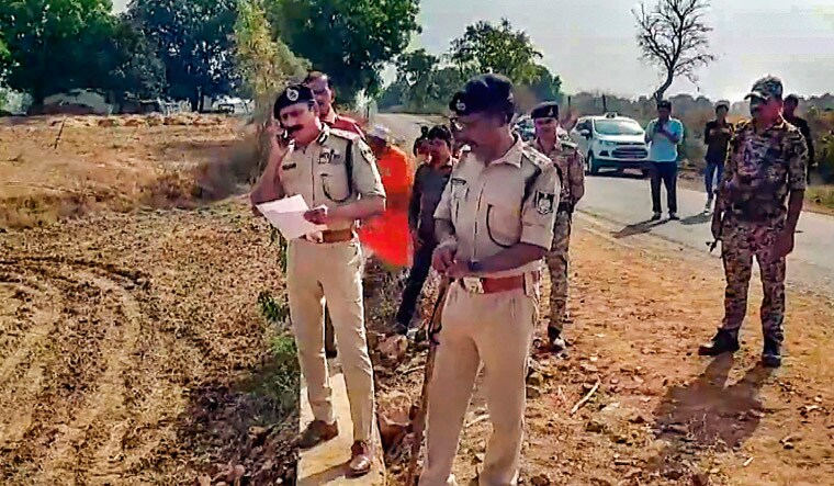 **EDS: GRAB VIA PTI VIDEO** Shahdol: Police personnel inspects the area where a cop was allegedly run over by a sand mafia’s tractor, in Shahdol, Sunday, May 5, 2024. (PTI Photo) (PTI05_05_2024_000030B)
