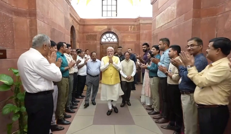 Prime Minister Narendra Modi arrives to take charge of the office, at South Block, in New Delhi | PTI