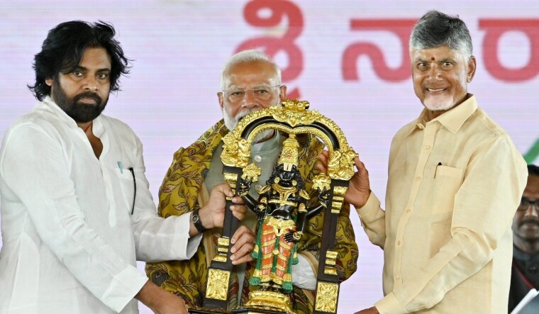 Prime Minister Narendra Modi with Andhra Pradesh Chief Minister-designate N. Chandrababu Naidu and Jana Sena chief Pawan Kalyan during the swearing-in ceremony of Naidu. | PTI